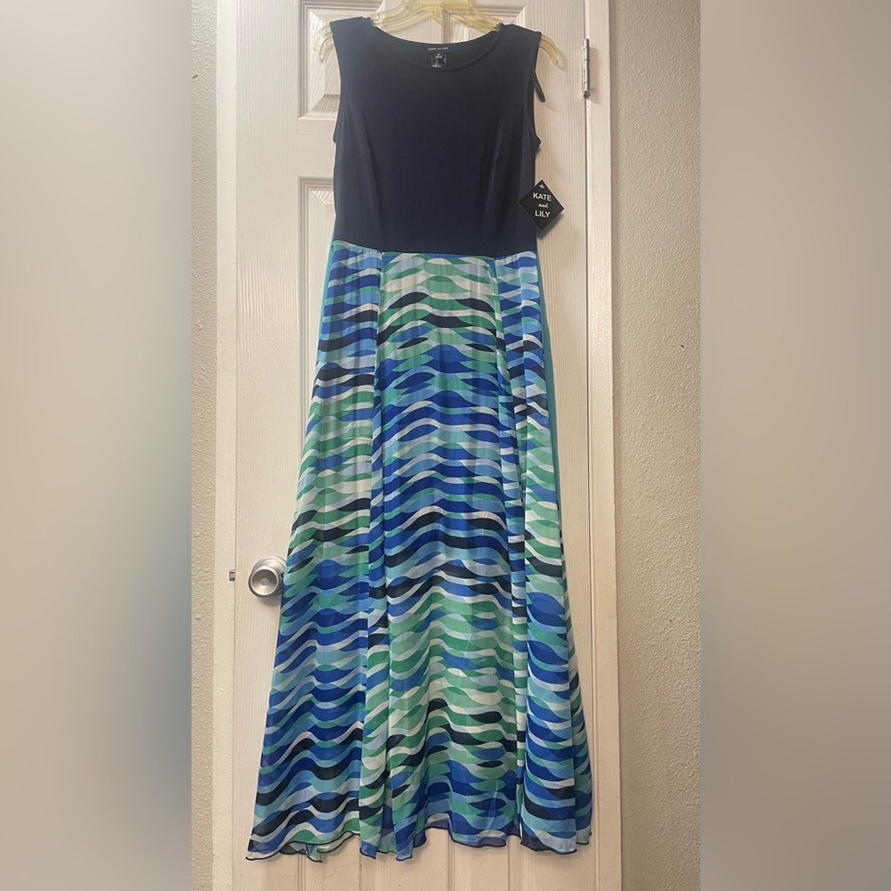 Kate & Lily Long Maxi Dress Dark Blue Blue top with Geometric Chiffon Skirt